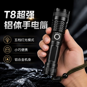 T8 flashlight with zoom, power display, USB charging, outdoor lighting, long-range, five lighting modes, aluminum body flashlight