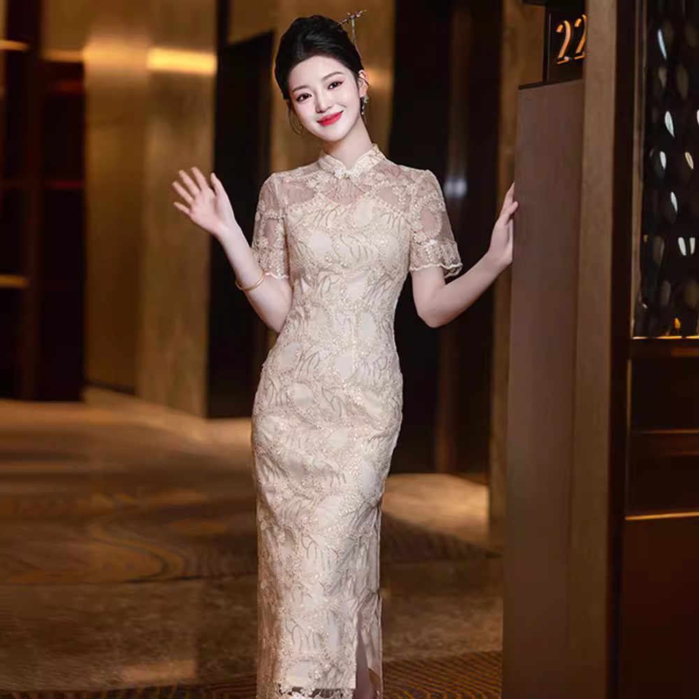 New Chinese-Style Engagement Dress 2026 New Champagne-Colored Lace Cheongsam Modified Morning Gown Dress That Can Be Worn Casually by Women