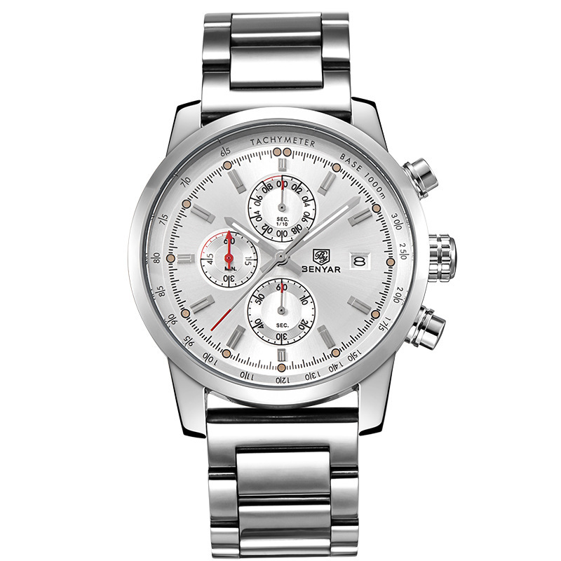 BENYAR Binya reloj de los hombres de moda multi-funcional calendario impermeable Cinturón Reloj de los hombres correa de acero reloj casual 5102
