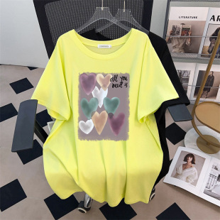 Round Neck New Plus Size Slimming Look Loose Mid-Length Short-Sleeved T-Shirt for Women 200/300/350 Pounds 1079