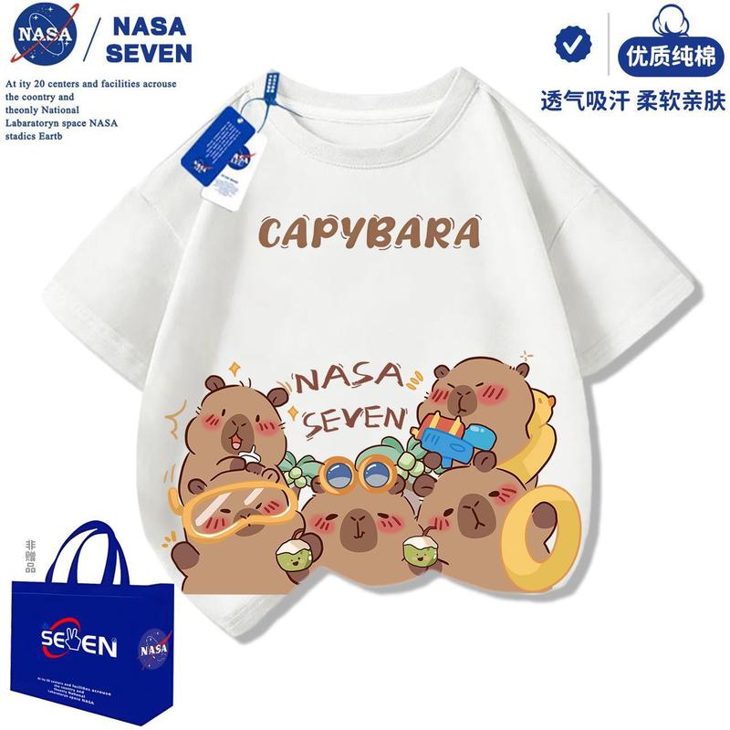 NASA卡皮巴拉纯棉T恤儿童洋气2025夏季新款水豚君短袖男女童上衣|undefined