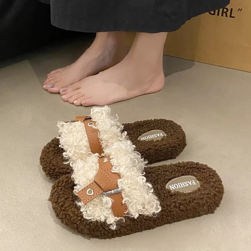 羊羔毛毛拖鞋女外穿高级感厚底增高防滑百搭时尚加绒棉拖鞋女秋冬|undefined