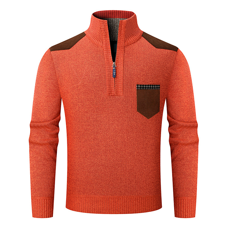 Suéter masculino de malha com forro de lã e meio zíper – Pulôver térmico respirável com gola alta_voghion.com