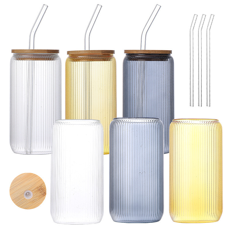 Vertical Pattern Cola Cup, High-Looking Transparent Milk Tea Coffee Cup with Straw, Bamboo Lid, High Borosilicate Glass Water Cup, Cross-Border