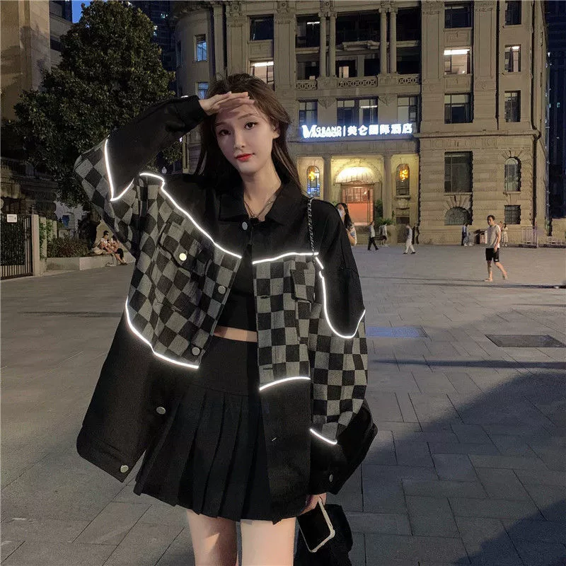 Denim jacket, oversize spring 2022 collection, black checkerboard design
