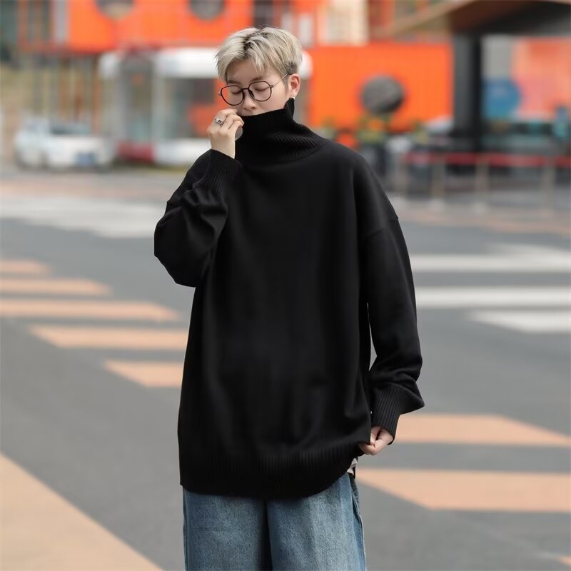 2024 면 인테리어 가을과 겨울 매우 간단한 바람 느슨한 둥근 목 단색 세미 하이 칼라 스웨터 남성 패션 | 기모