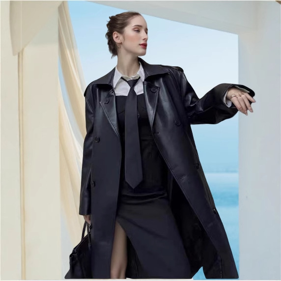 Cross-Border Foreign Trade Mid-Length Over-The-Knee Pu Leather Coat 2026 Spring and Autumn New European and American Design Trench Coat for Women