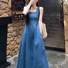 2026夏蓝雾之恋法式牛仔连衣裙女夏小众设计感收腰气质吊带长裙