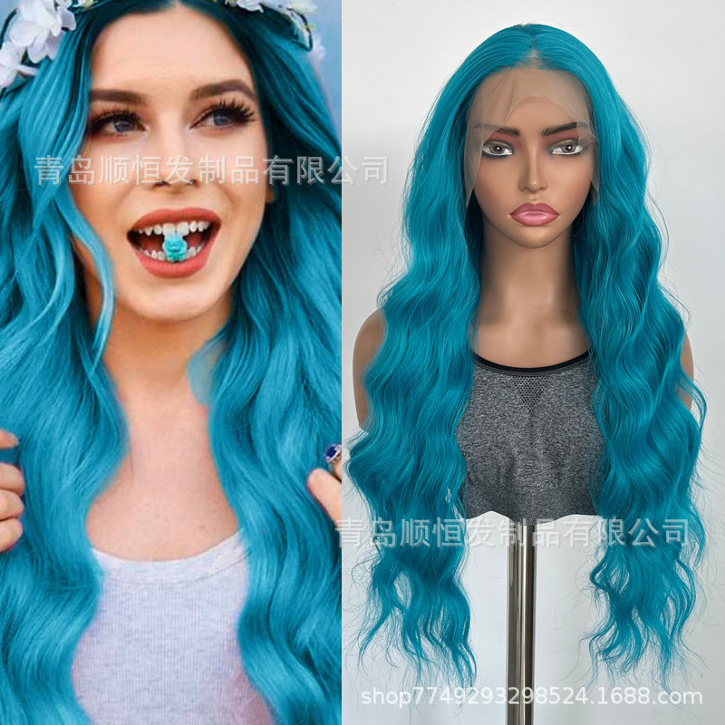 European and American Style Long Curly Lace Front Synthetic Wig 13*4, Peacock Green Big Wave Wigs, Factory Wholesale European and American Style Long Curly Lace Front Synthetic Wig 13*4, Peacock Green Big Wave Wigs, Factory Wholesale
