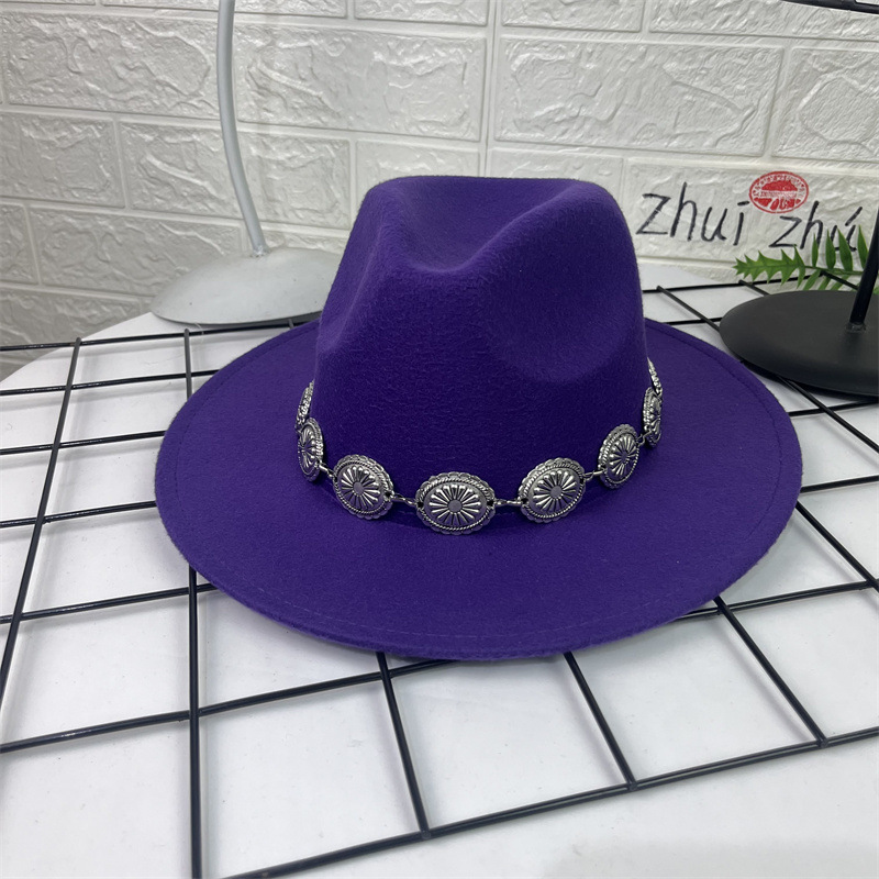 Sombrero de lana europeo y americano sombrero de fieltro de estilo británico decoración de cadena ovalada AliExpress sombrero de jazz borde plano sombrero superior para hombres