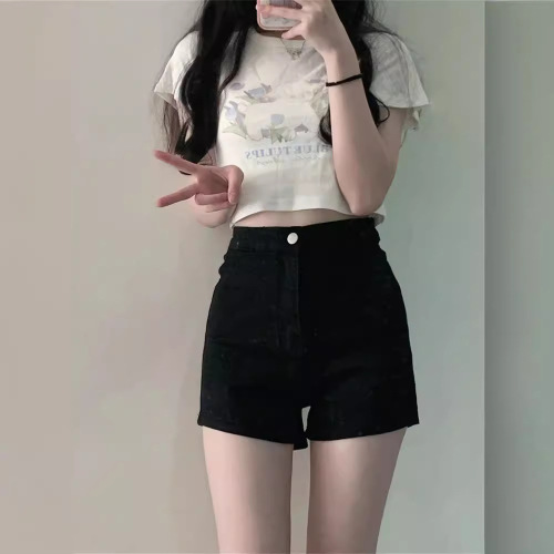 Women's Black Sexy High-Waisted Bib Shorts 2025 New Style, Small Figure Slimming, Muscle-Hiding, Booty-Bolstering Hot Pants