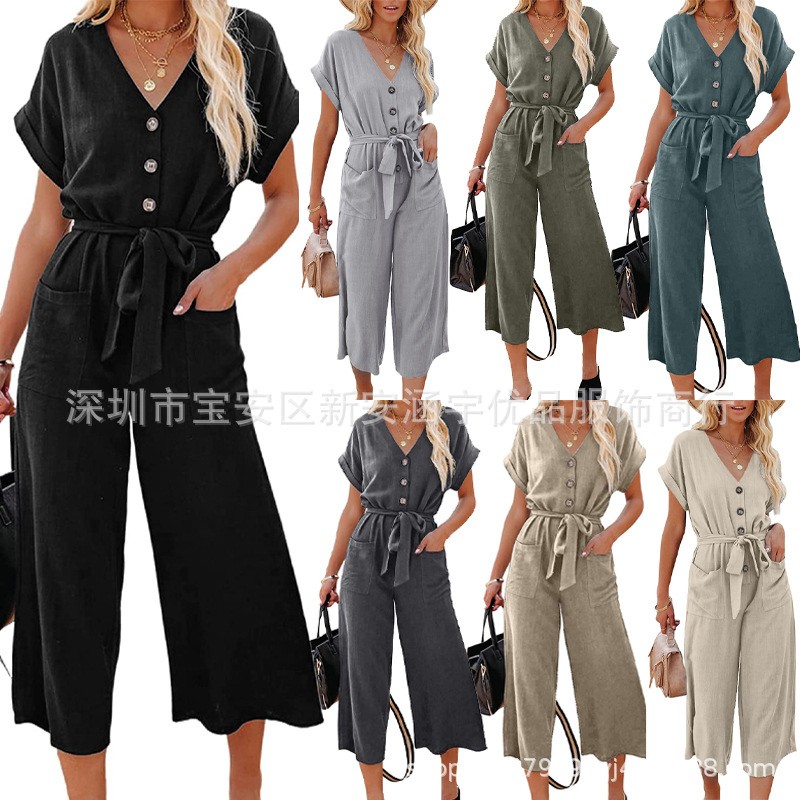 Amazon's Popular Women's Clothing European and American Cross-Border Export Nine-Point Pants Loose Casual V Neck Lace-Up Flap Pocket Pants Jumpsuit Summer