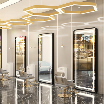 Barbería espejo salón de pelo especial montado en la pared espejo de un solo lado piso con luz inteligente espejo led