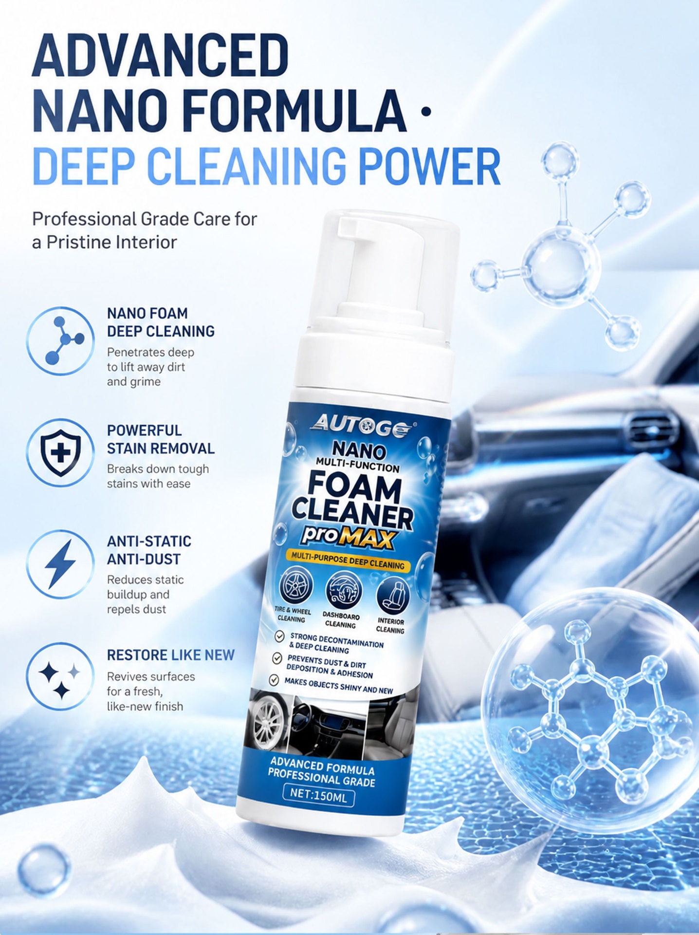 AUTOGO Multifunctional Foam Cleaner for car interior leather cleaning, stain removal, renovation, daily maintenance, and shine enhancement