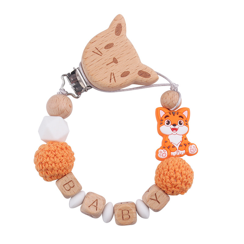 Nuevo bebé gato clip de chupeta de madera de haya dibujos animados juguetes de silicona para gatos calmar bebés chupeta cadena anti-caída cadena