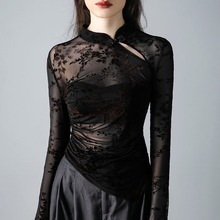 新中式国风立领网纱打底衫女春秋新款不规则下摆别致印花长袖恤