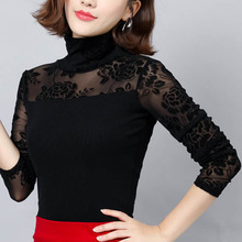 春衣蕾丝衫高领波点印花长袖打底衫女士外穿修身内搭网纱洋气上衣