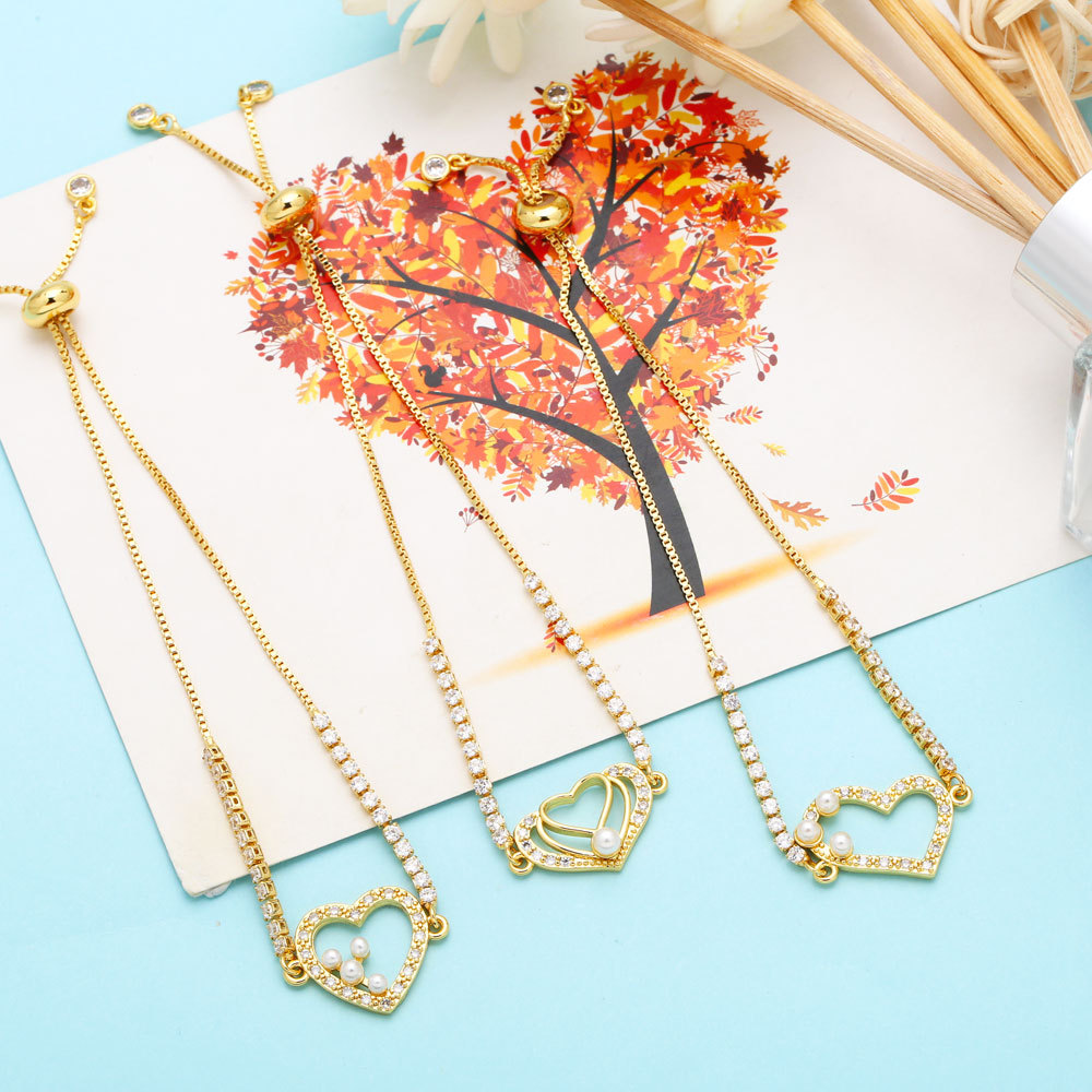 Fashion Heart Shape Copper Inlay Artificial Pearls Zircon Bracelets 1 Piece