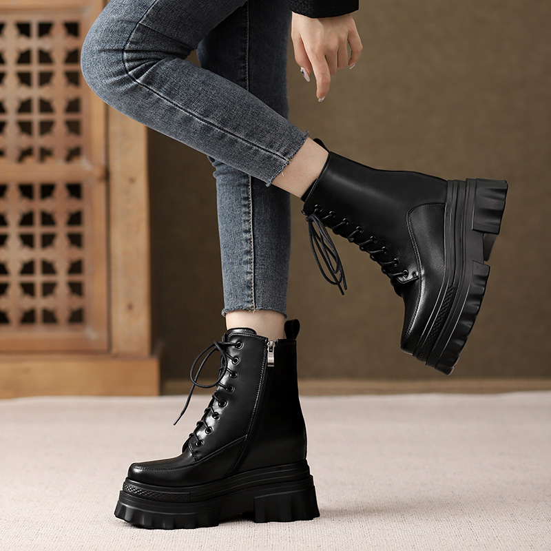 Boot nữ đế tăng chiều cao 10cm dây buộc mùa thu đông — Lớp lót nhung đen, Lớp lót đơn màu nâu sẫm, Lớp lót đơn màu đen, Lớp lót nhung màu nâu sẫm