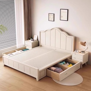Nordic Solid Wood Bed Modern Simple White 1.5m Single Double Bed Cream Style Princess Bed 1.8 m Master Bedroom Storage Bed