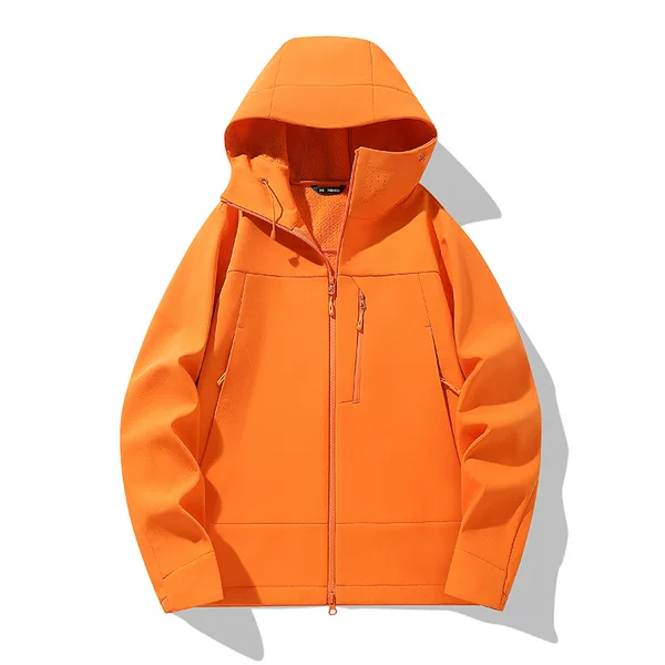 New hooded, slim-fit, waterproof, and windproof softshell jacket, suitable for sports and leisure activities, orange outdoor windproof jacket