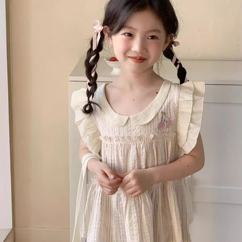 韩国童装2024夏款女童樱桃飞袖娃娃衫中大童木耳边樱桃衬衫上衣
