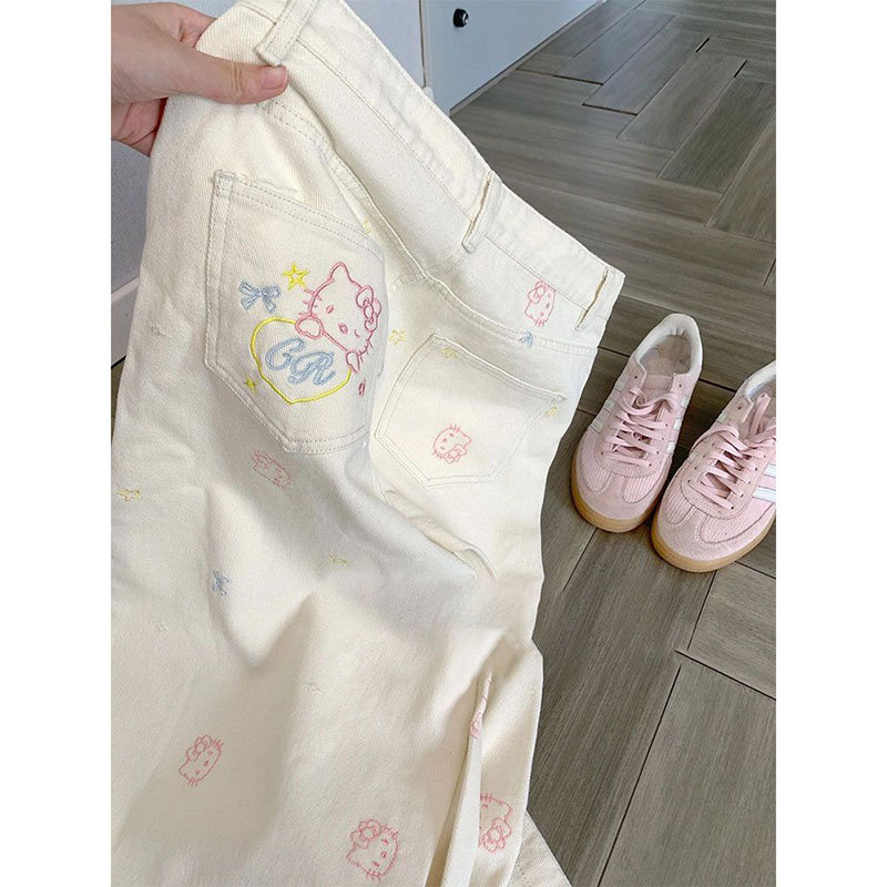 美式高腰直筒牛仔裤女夏季可爱kitty猫咪刺绣设计感显瘦阔腿裤子|undefined