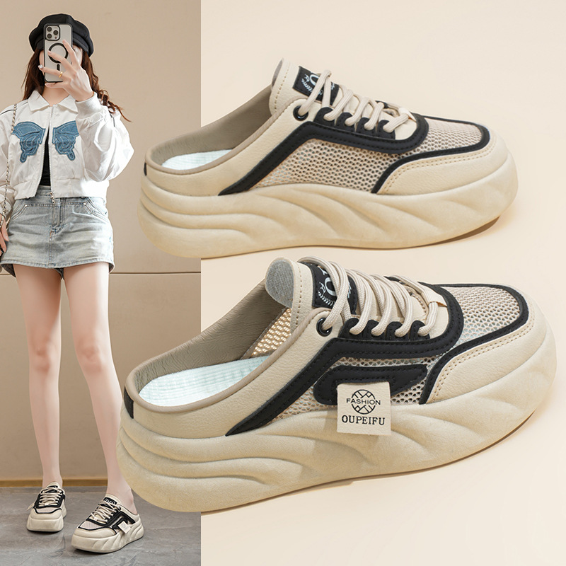 Zapatos de mujer de verano nuevo estilo sandalias de un pie zapatos de tela exteriores de mujer versión coreana de todos los partidos zapatos blancos zapatos de red medias zapatillas huecas image 5