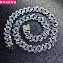 欧美嘻哈古巴链15毫米菱形翻盖全镶钻双色彩色间隔菱形项链