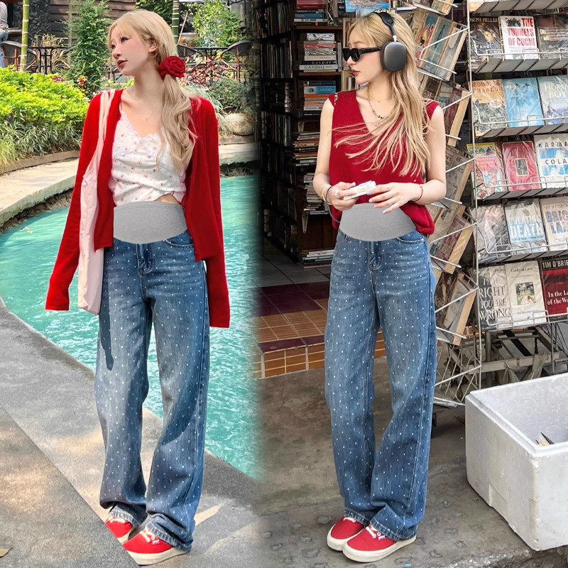 New Summer Korean Style Internet Celebrity Thin Loose Printed Wave Dot Old Denim Straight Pants for Pregnant Women