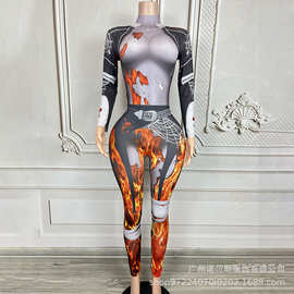 烈火印花万圣节cospaly连体衣秋季提臀塑身衣杂技表演舞台演出服