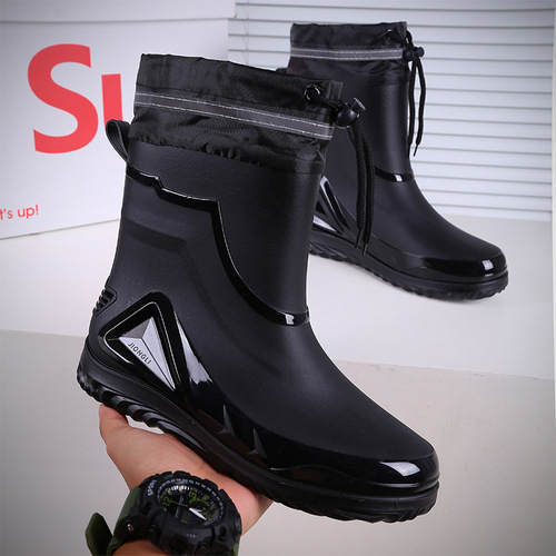 Men's New Fashion Slip-on Rain Boots Short Leg Waterproof Mid-Calf Rain Boots Short Water Shoes with Fleece Work Outdoor Cross-border