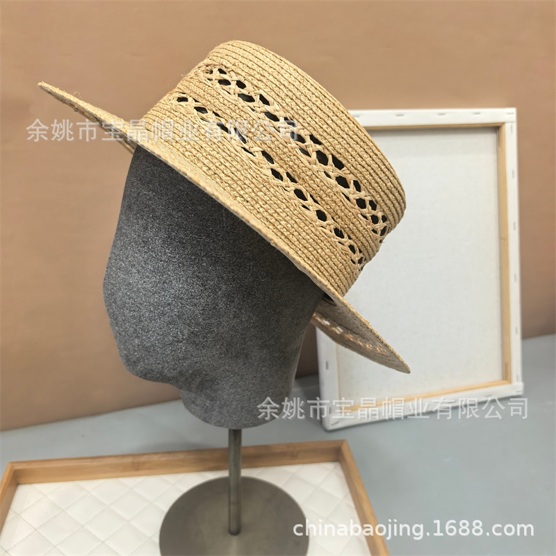 100%拉菲草手工编织平顶草帽子女2025新款夏防晒镂空优雅礼帽