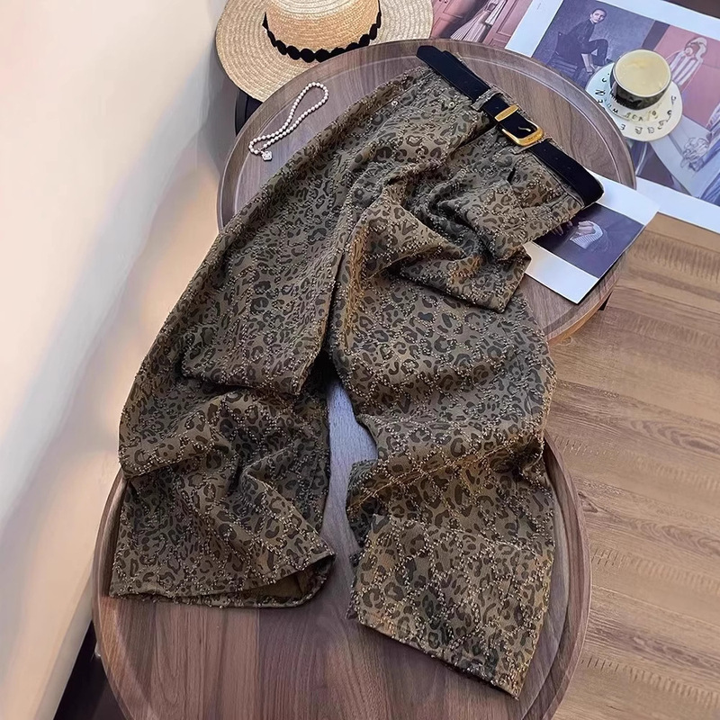 American High Street Leopard Print Jeans for Women 2025 Summer New Design Heavy-Duty Elegant Slimming Floor-Length Pants American High Street Leopard Print Jeans for Women 2025 Summer New Design Heavy-Duty Elegant Slimming Floor-Length Pants