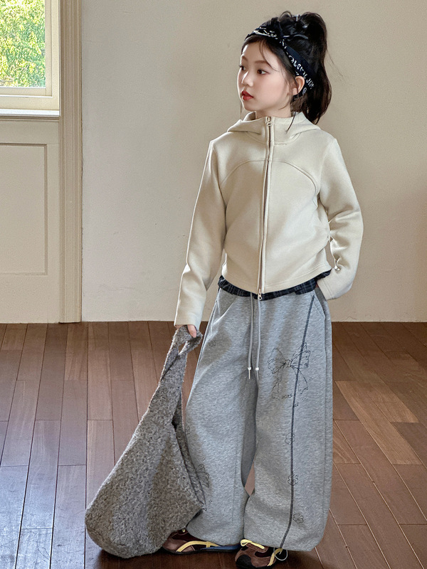 女童秋装套装韩系休闲时尚短款拉链连帽德绒外套阔腿卫裤两件套潮|undefined