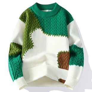 New Round Neck Autumn and Winter Sweater with Contrasting Colors, Thickened, Warm and Loose, Youth Sweater, Student Trend Splicing