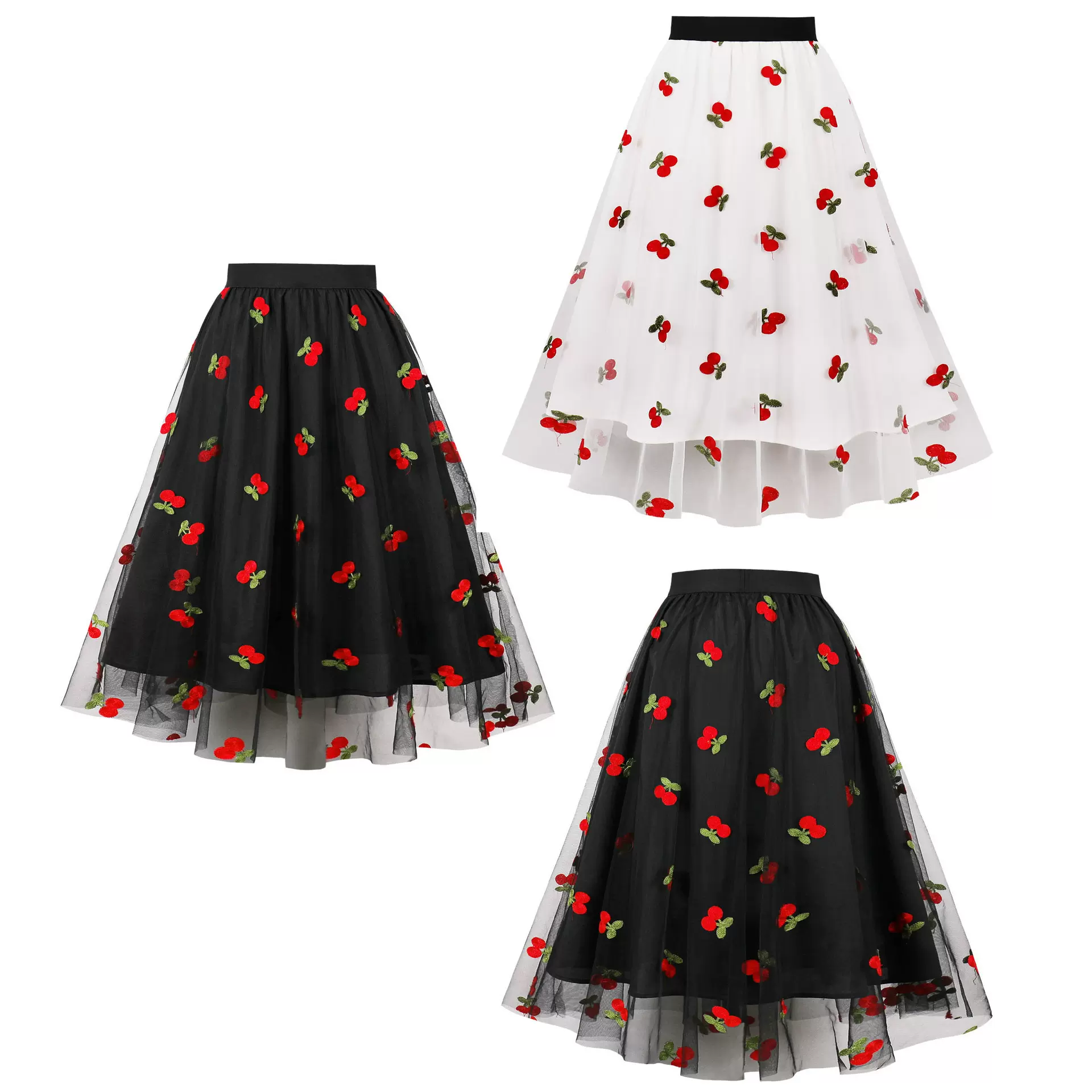 外贸出口大码半身裙子120- 200斤网纱刺绣樱桃大摆高腰A字裙5047A