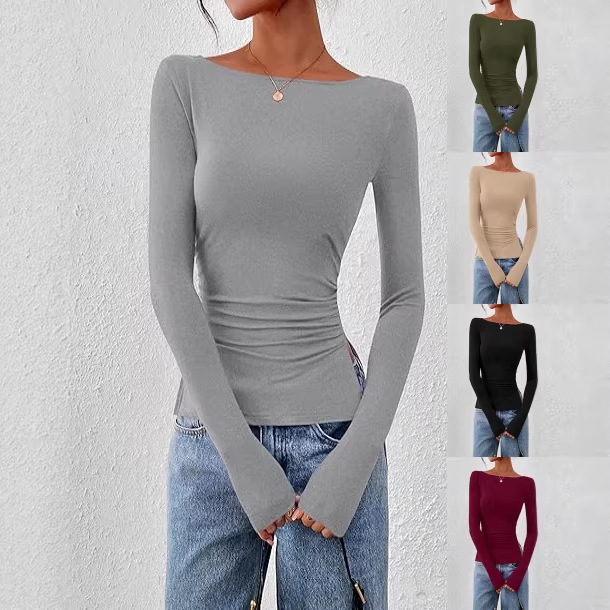 Women's Long-Sleeved T-Shirt 2025 Autumn Casual Off-Shoulder Knitted Workout and Going-Out Top Slim Fit Side Slit T-Shirt