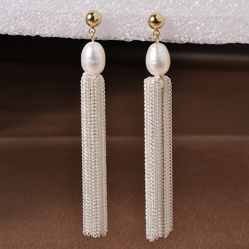 Orecchini eleganti con catena lunga di perle in stile barocco vintage e nappa, caratterizzati da personalità, temperamento dolce e raffinato._voghion.com