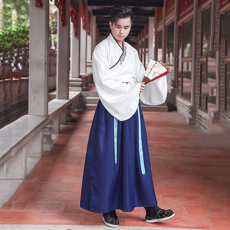 큰 소매, 위쪽은 흰색, 아래쪽은 파란색 남성 스타일