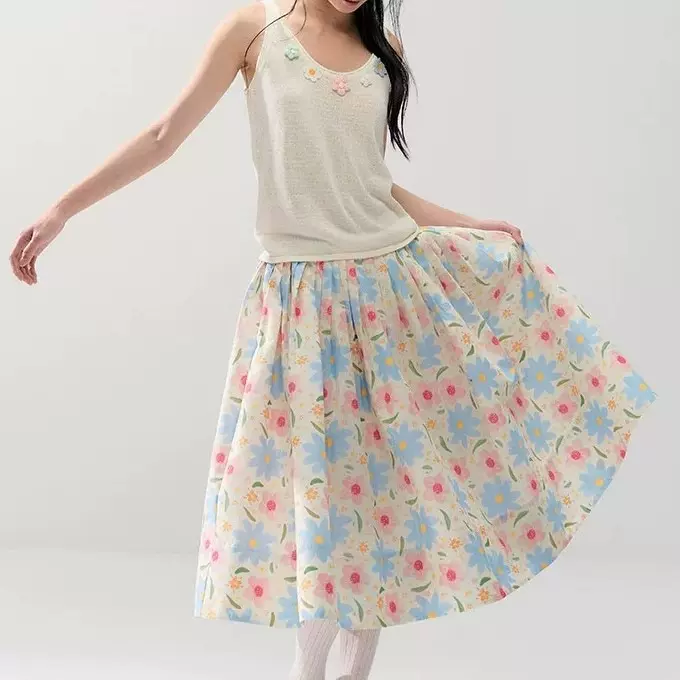 ANNA CUTE 立体花朵显瘦工字背心+小清新多彩碎花百搭半身裙女