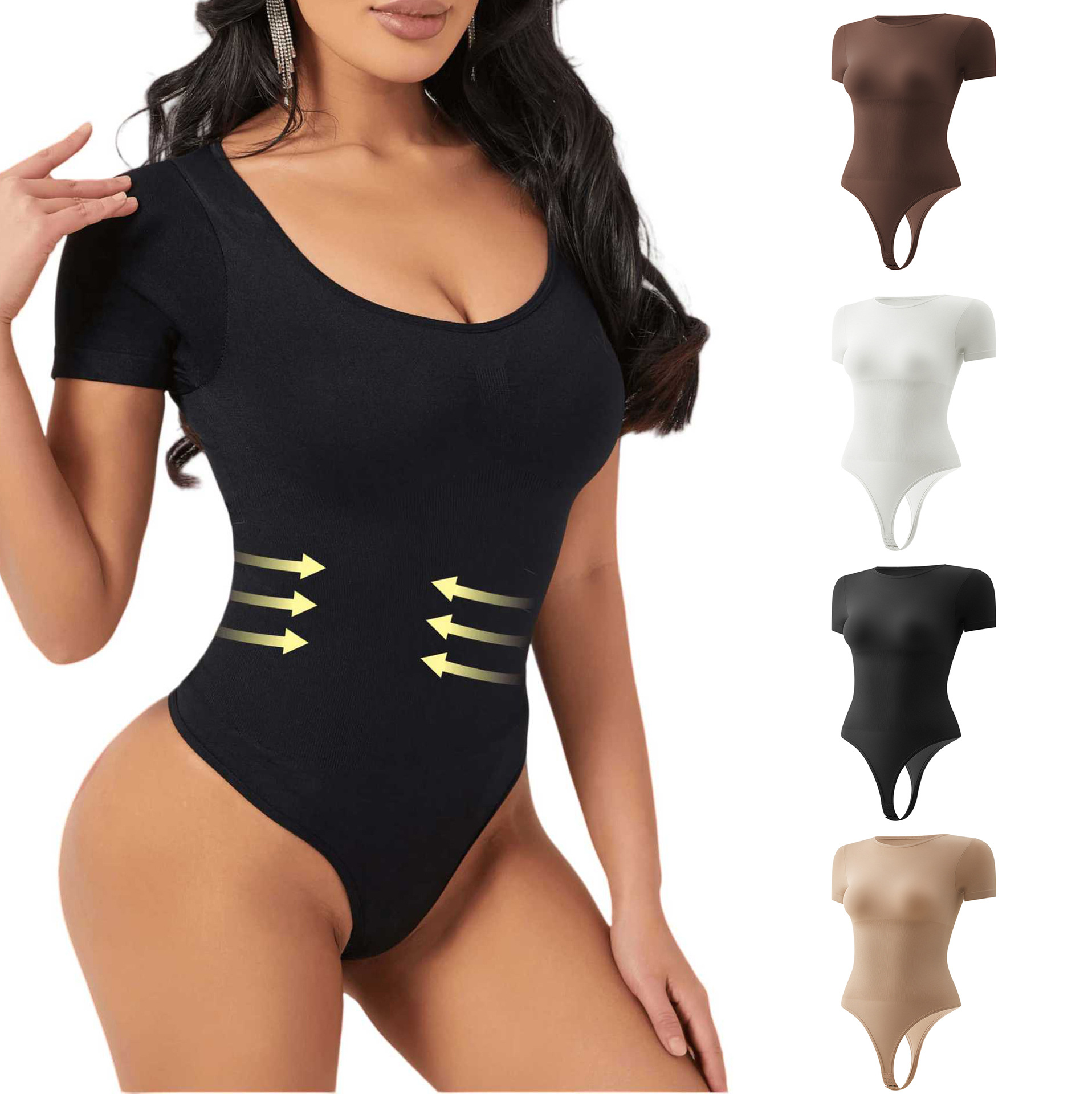 Aliexpress Cross-Border New Women's Short-Sleeved Body-Shaping Jumpsuit with Tummy Control Design Sexy Tight Jumpsuit
