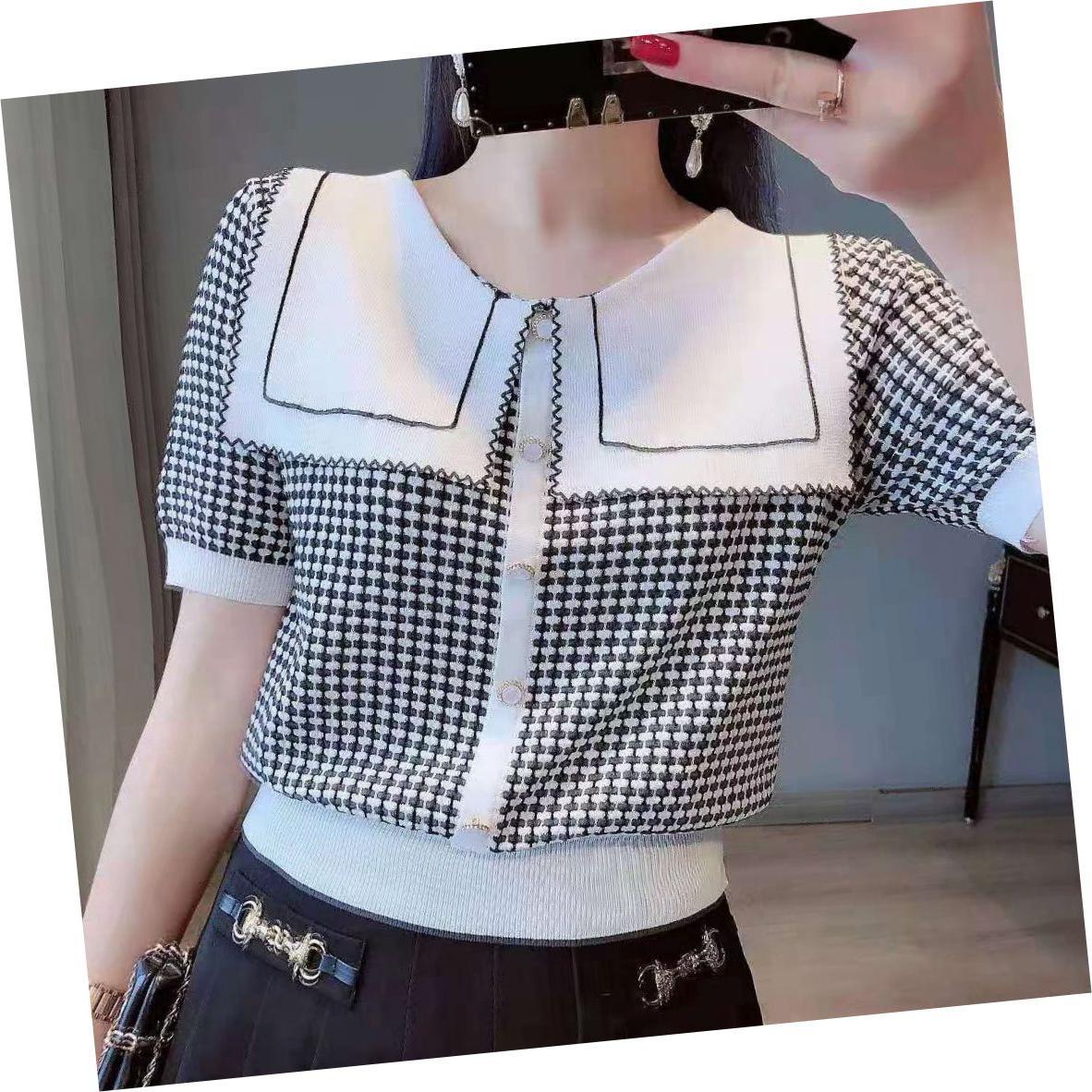 Sweet Style Summer New Korean Style Navy Collar Buttoned Jacquard Age-Reducing Thin Plaid Knitwear Short-Sleeved T-Shirt for Women