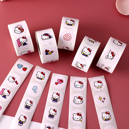 Kitty cat emoticon round seal sticker 500 PCS / roll copper plate paper non-woven adhesive cute children's stickers wholesale 