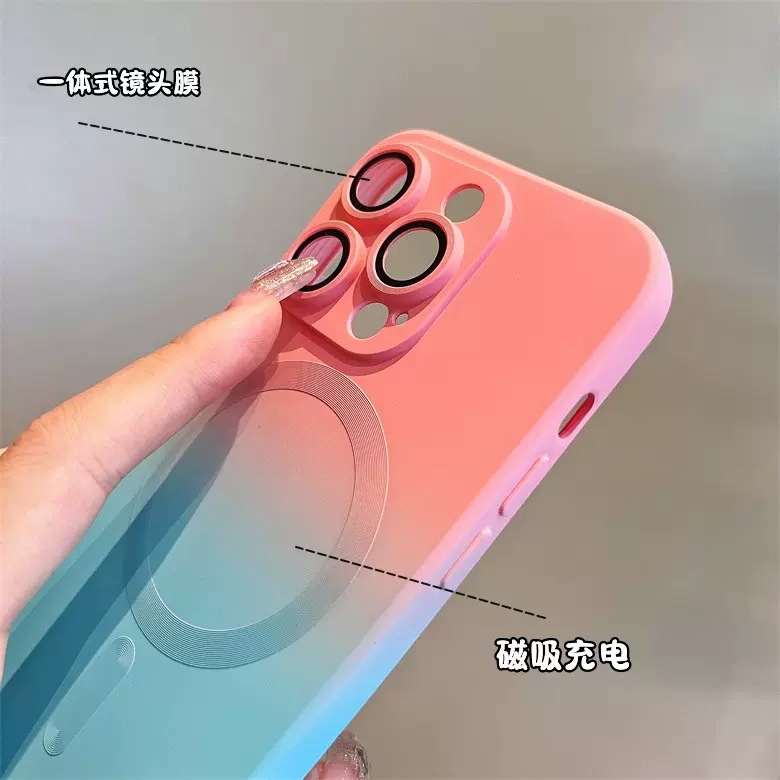 Suitable for iPhone 14 gradient dual color magnetic suction charging phone case wholesale Apple 13 lens film liquid protective case