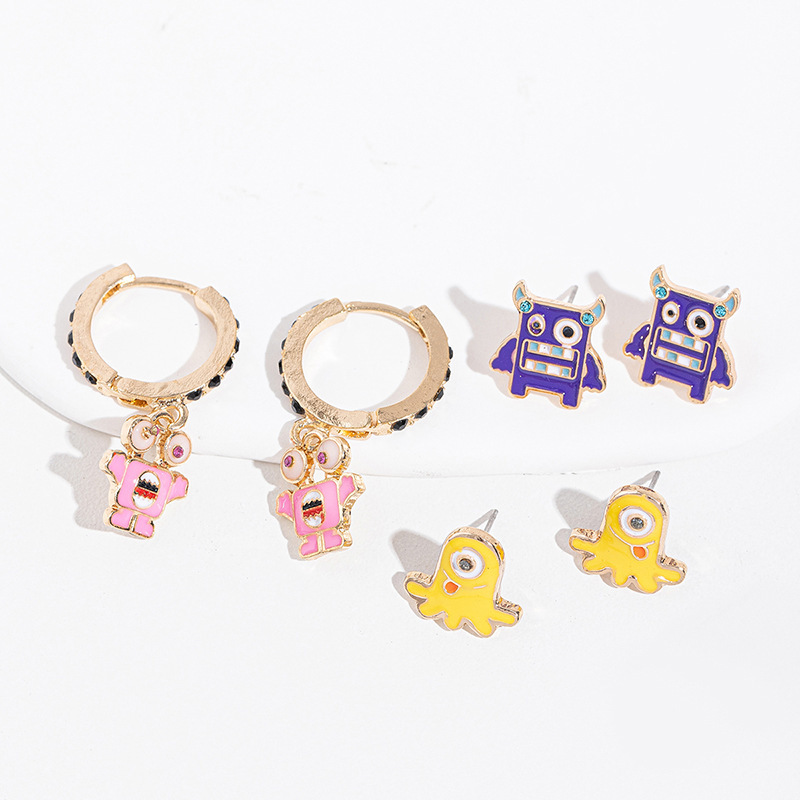 ハロウィンオイルドロップイヤリング卸売 欧米越境アクセサリー リトルモンスター ダイヤモンド付きパンプキンイヤリング 魔女マスクイヤリング|undefined
