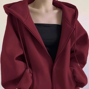 Solid color cardigan sweater coat women's 2025 explosions autumn and winter fleece-lined American retro lazy wind hooded loose top