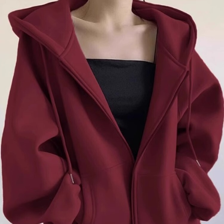 Solid Color Cardigan Sweatshirt Jacket for Women 2026 Hot Style Autumn and Winter Fleece-Lined American Retro Lazy Style Hooded Loose Top