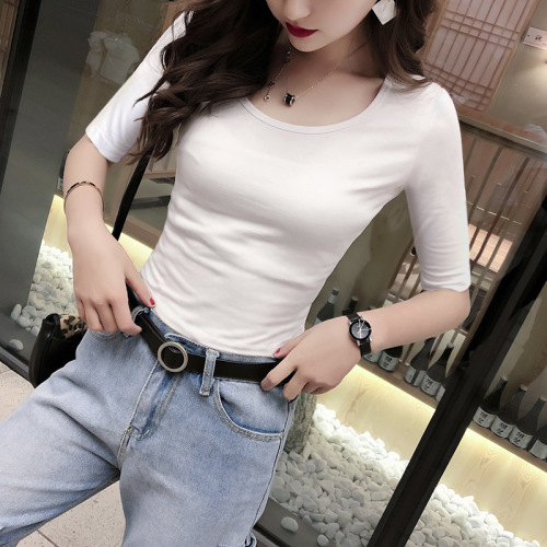 Women's 7/8 Sleeve Summer T-Shirt 2024 New Slim Fit Plus Size White Crew Neck Half-Sleeve Top