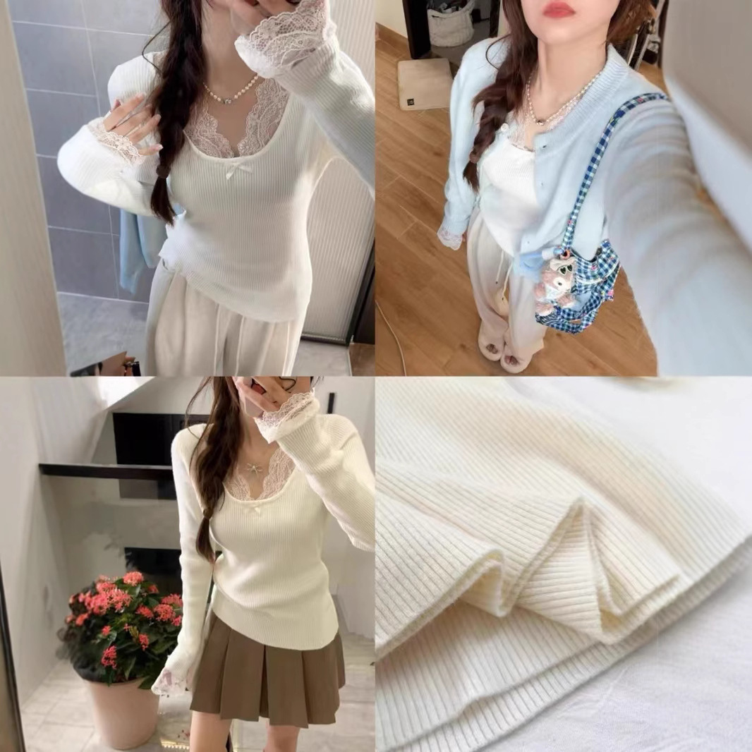 하이 엔드 레이스 바느질 긴팔 스웨터 여성의 가을과 겨울 새로운 서양식 슬림 핏 내부 우아한 가짜 투피스 탑